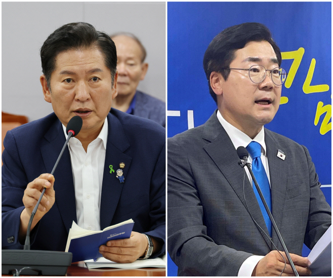 발언하는 정청래·박찬대 당 대표 후보<YONHAP NO-4832>