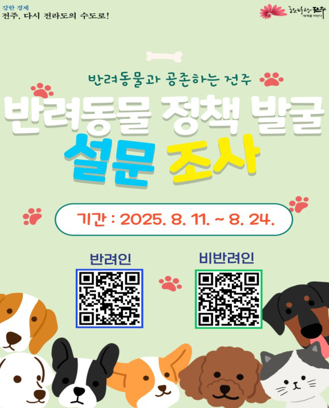 전주시, 반려동물 정책 수립 위한 시민 설문조사 실시