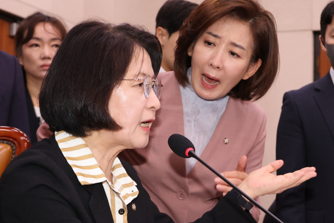 추미애 위원장에게 항의하는 나경원 의원<YONHAP NO-3403>