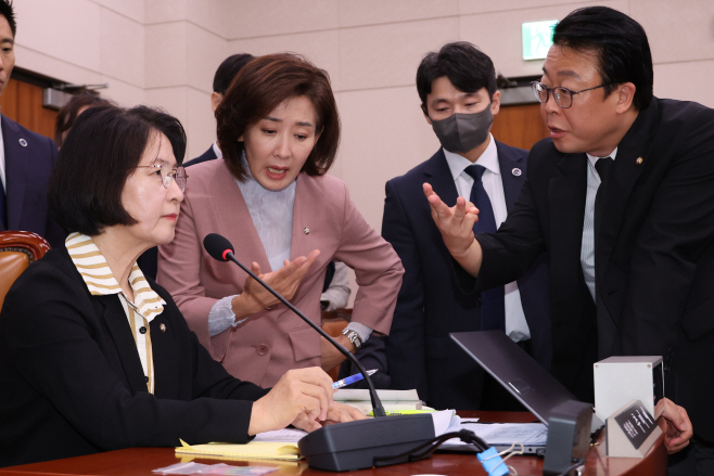 추미애 위원장에게 항의하는 나경원 의원<YONHAP NO-3407>