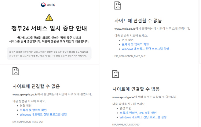 국가정보자원관리원 화재로 중단된 정부의 대국민 업무 사이트들