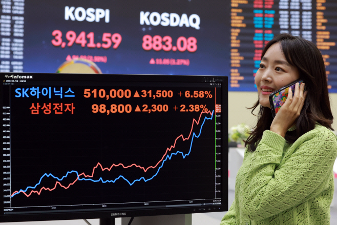 삼성전자·SK하이닉스, 합산 시가총액 사상 처음...<YONHAP NO-4567>