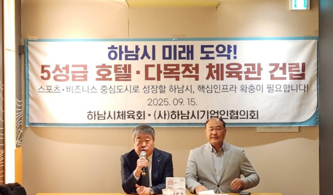 지난 9월 15일 열린 기자회견에서 김승현 하남시 기업인협의회장(오른쪽)과 최진용 하남시체육회장(왼쪽)이 ‘5성급 호텔‧다목적 체육관 건립’에 대해 설명하고 있다./하남시