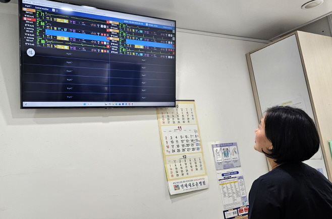 [사진자료1] 간호사가 병상 모니터링 시스템 '씽크'를 통해 환자 상태를 확인하고 있다