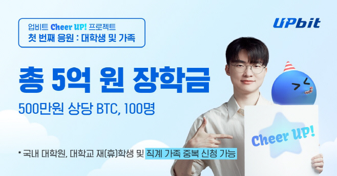 [사진자료] 업비트가 청년 100명에게 500만원 상당의 BTC 장학금을 지급하는 Cheer up 프로젝트를 진행한다고 밝혔다