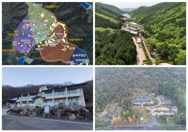 국립 다도해 산림치유원 연계 산림휴양 네트워크 구축 (2) - 왼쪽 상단부터 국립 다도해 산림치유원 위치도, 팔영산 편백치유의숲, 팔영산자연휴양림,마복산목재문화체험장