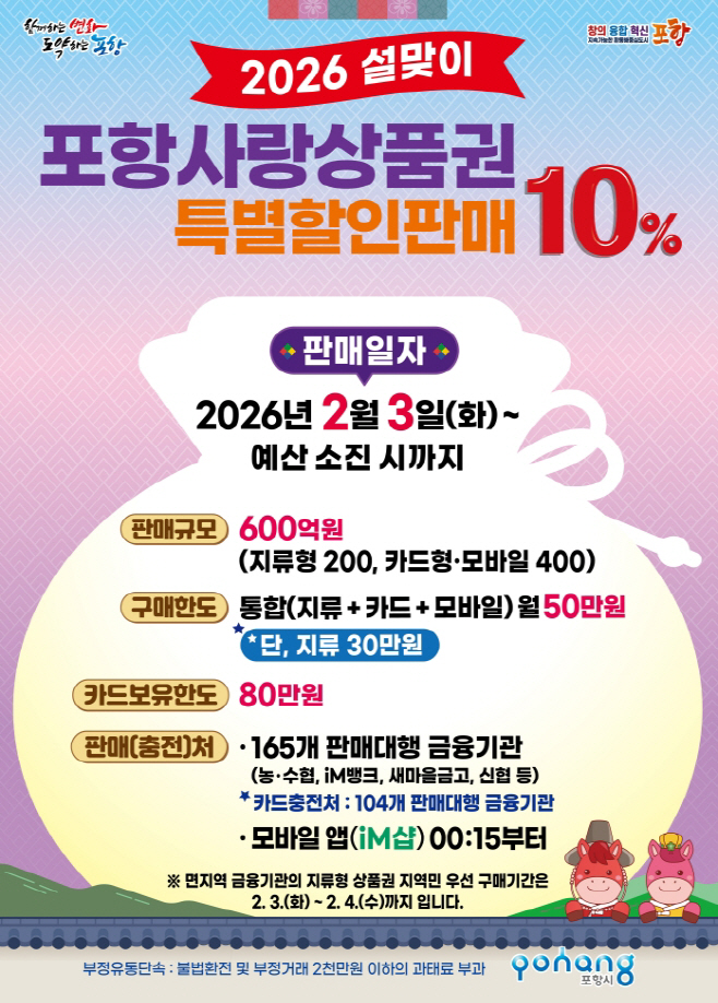 260126 포항시, 설 명절 맞아 포항사랑상품권 600억 원 10% 특별할인 판매