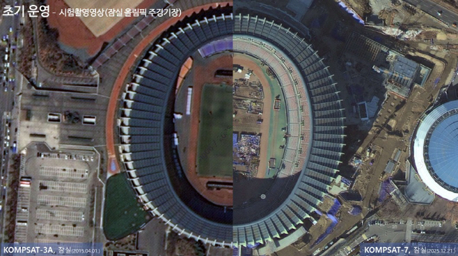 다목적실용위성(아리랑) 3A호(왼쪽)와 다목적실용위성 7호(오른쪽)가 각각 2015년과 2025년 찍은 서울 잠실 올림픽 경기장 영상.