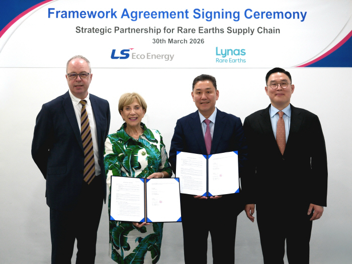 [사진자료] LS에코에너지와 라이너스 주요 관계자들이 희토류 공급망 구축 관련 협약식에서 기념 촬영을 하고 있다