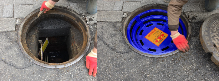 맨홀 출입경고시설(설치전과 후)