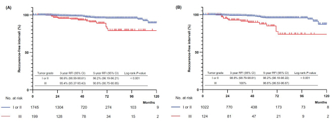 유방암환자 종양 등급별 무재발 기간 그래프