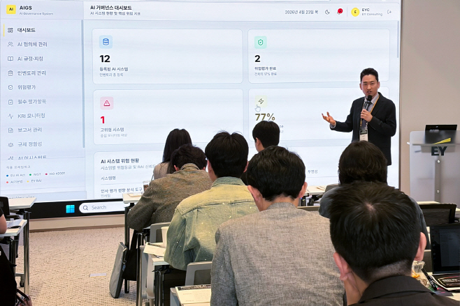 사진2. EY컨설팅과 로이드인증원이 지난 23일 공동 개최한 ‘Responsible AI와 ISO·IEC 42001’ 세미나에서 김동우 EY컨설팅 파트너가 ‘EY AI 거버넌스 운영 시스템’을 시연하고 있다