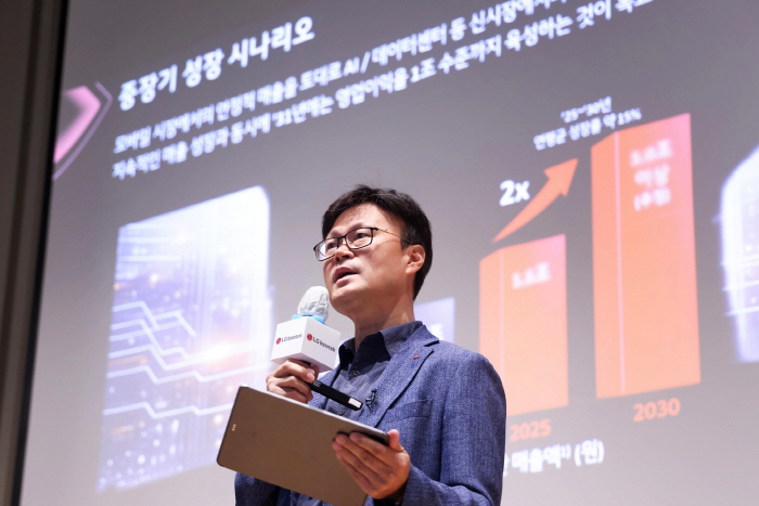 [사진1] 조지태 LG이노텍 패키지솔루션사업부장(전무)이 패키지솔루션 사업의 중장기 성장 시나리오를 설명하고 있다