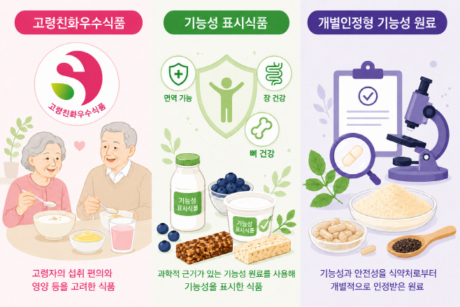 고령친화우수식품, 기능성 표시식품, 개별인정형 기능성 원료 인포그래픽