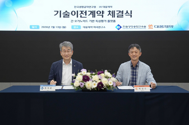 [사진1] 권석윤 한국생명공학연구원 원장(왼쪽)과 박성수 대웅제약 대표가 마곡연구소에서 간 오가노이드 제작 및 약물평가 기술이전 계약을 체결하고 있다.