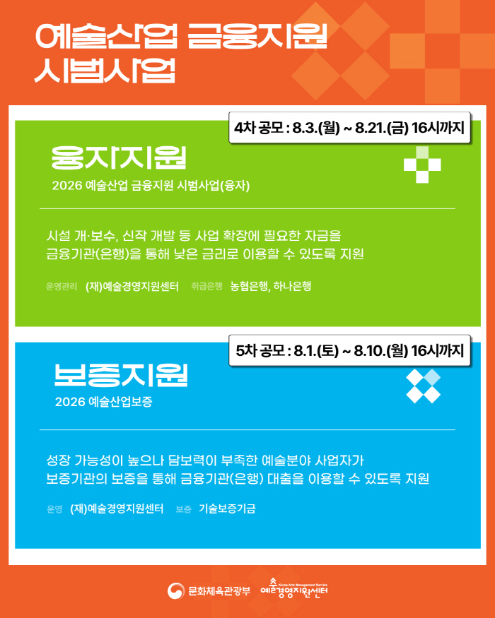 사진. 2026 예술산업 정책금융 융자 4차·보증 5차(8월) 공모 안내 이미지