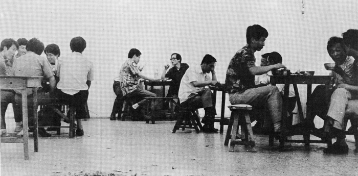 2. Lee Kang So. Disappearance, 1973, Tables, chairs, display case,standing boards, makgeolli, Dimensions variable