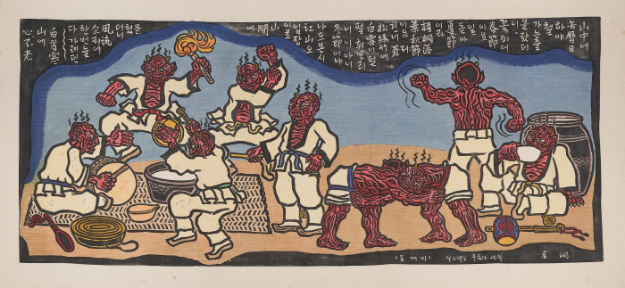 3-5-2_〈도깨비〉, 1985, 광목에 고무판, 채색, 87.5 × 207 cm. 국립현대미술관 소장