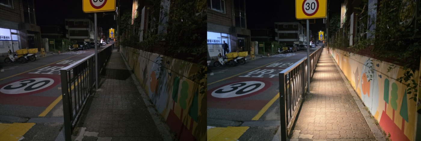 보도자료1 대야초등학교 일원 어린이보호구역 내 LED 라인 조명 설치 전후 모습
