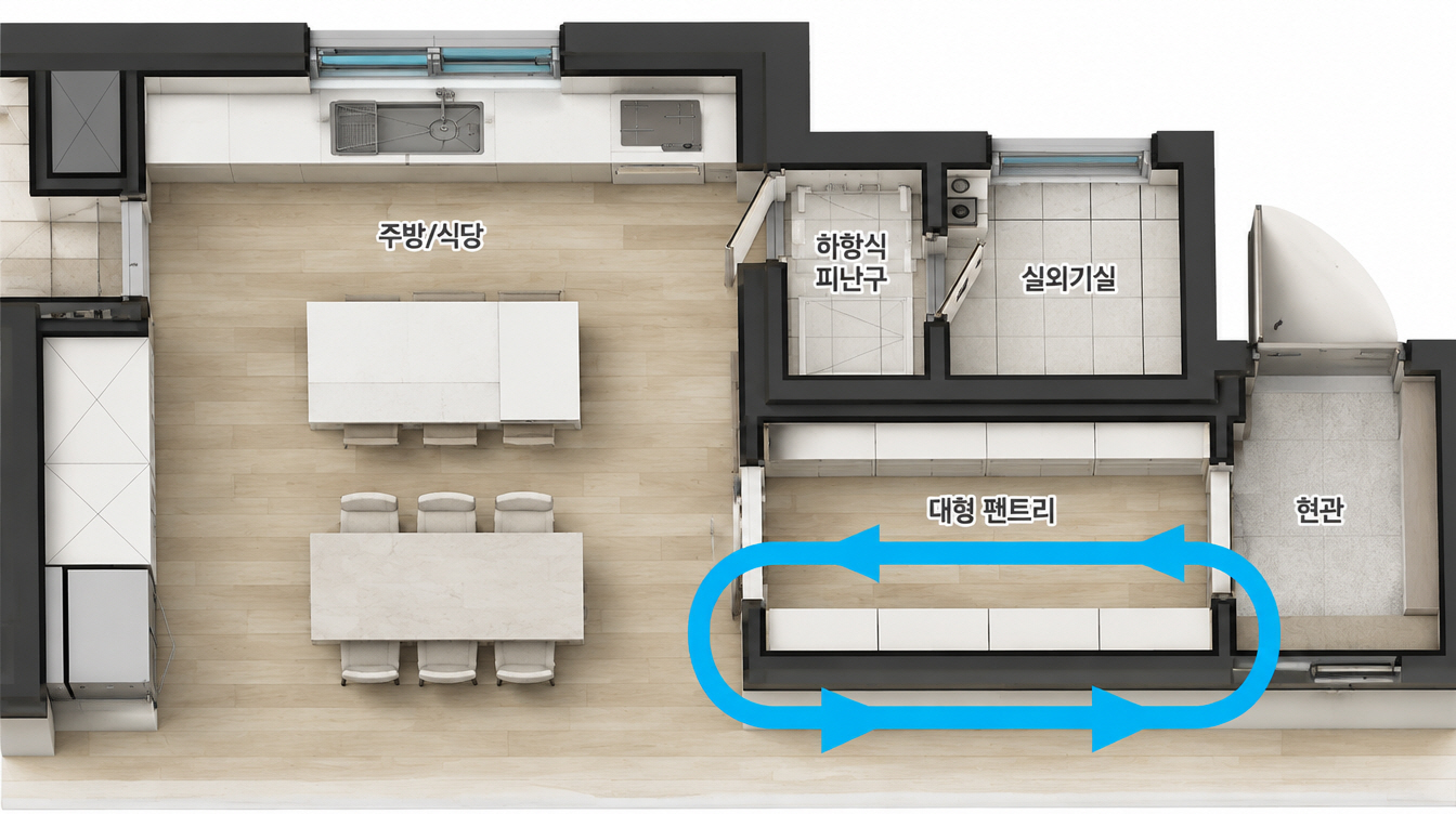 [사진1] 한화포레나 84㎡ 대면형 광폭주방 및 순환형 펜트리 평면도
