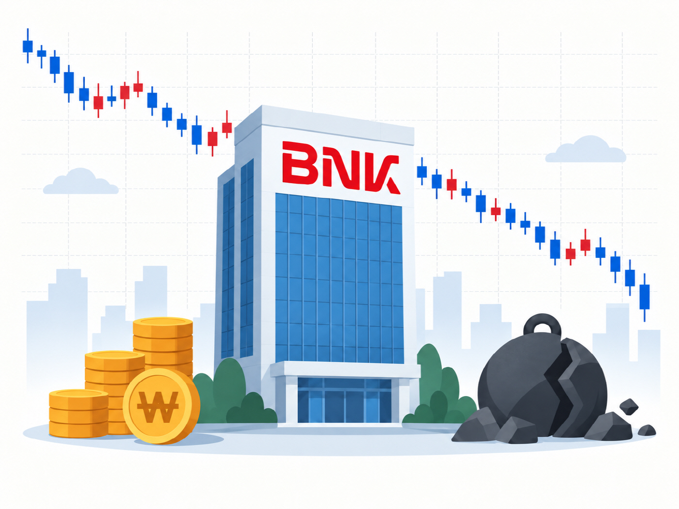 하락하는 금융시장과 BNK 은행 건물