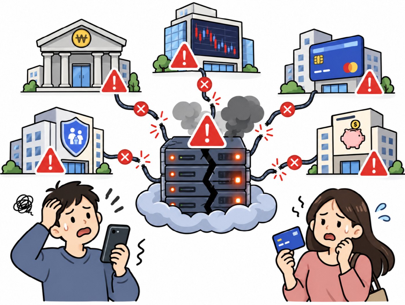 금융 네트워크 장애 경고 일러스트